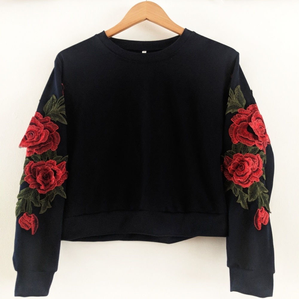 Romwe Crop Rose Embroidered Sweatshirt